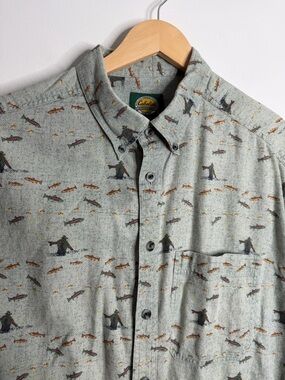 Cabelas Men’s Fishing Print Button Down Shirt Short Sleeve Outdoor Nature XLT